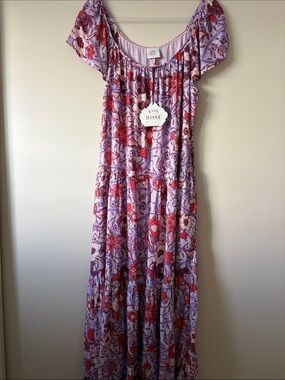 Knox Rose Lavender and Red Floral Tiered Maxi Dress with Pockets